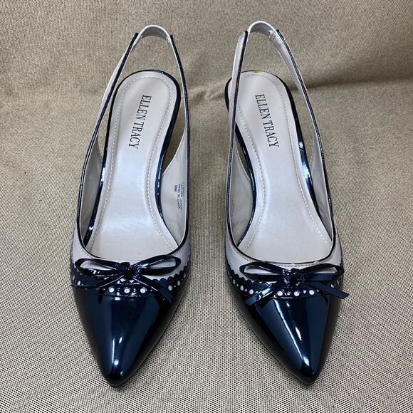 Ellen Tracy Bindy Black & Cream Leather Slingback Heels - Picture 2 of 10